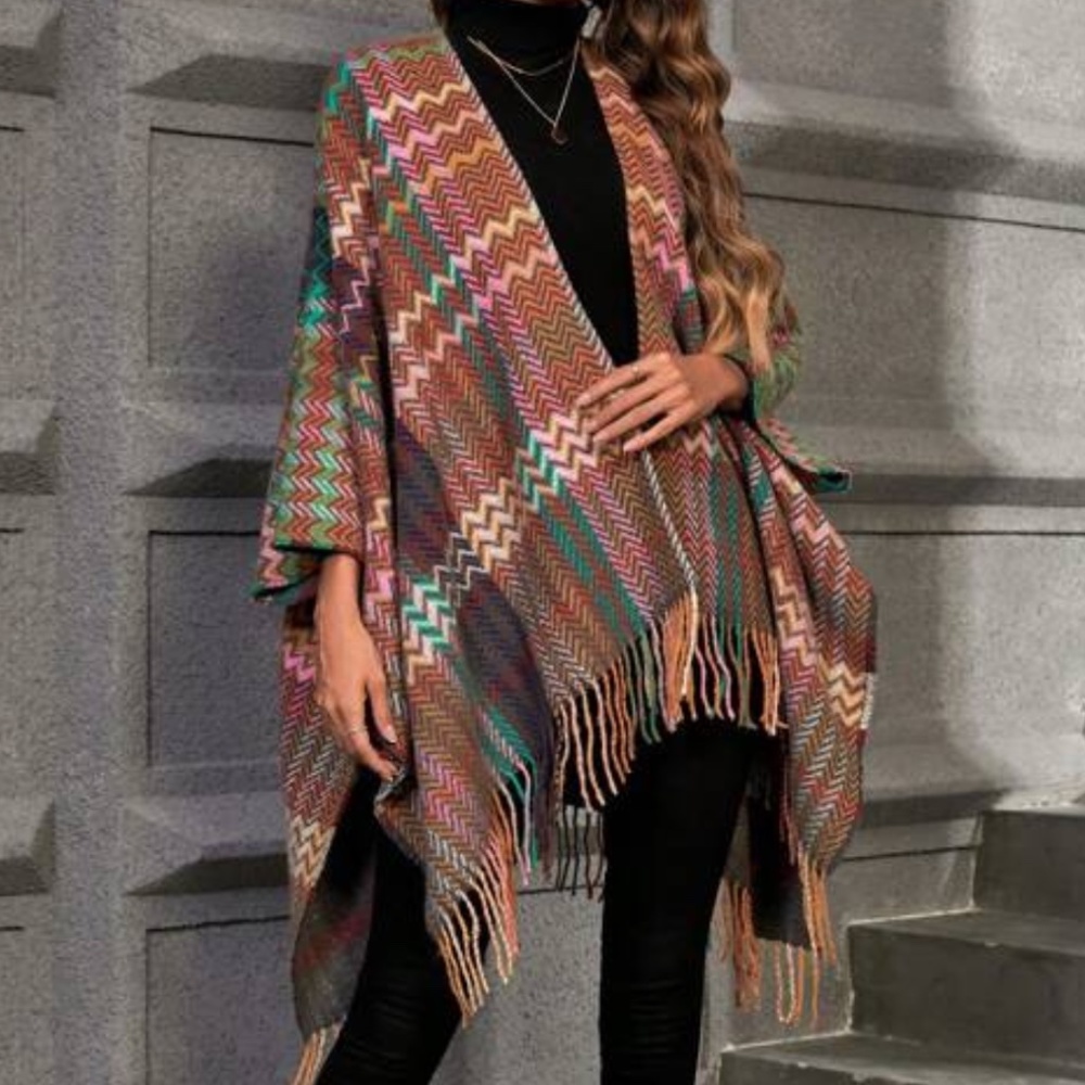 069 Vibrant Chevron Print Fringe Poncho Cardigan